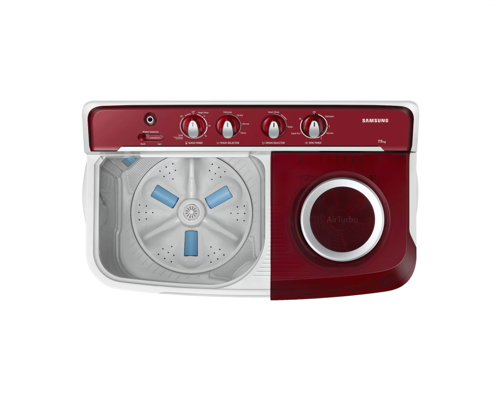 Samsung 7.5 kg Semi Automatic Washing Machine with Hexa Storm Pulsator, Light Gray with Red Base (WT75B3200RR)