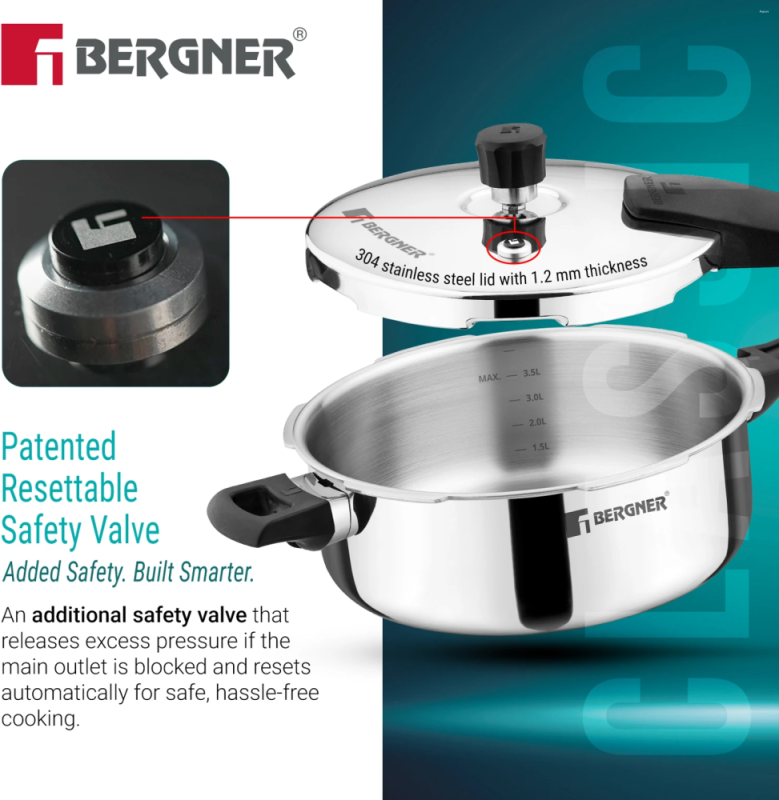 Bergner Argent Classic Pressure Pan Triply 5.0L Tri-Ply Stainless Steel, Induction Ready BGIN-9718