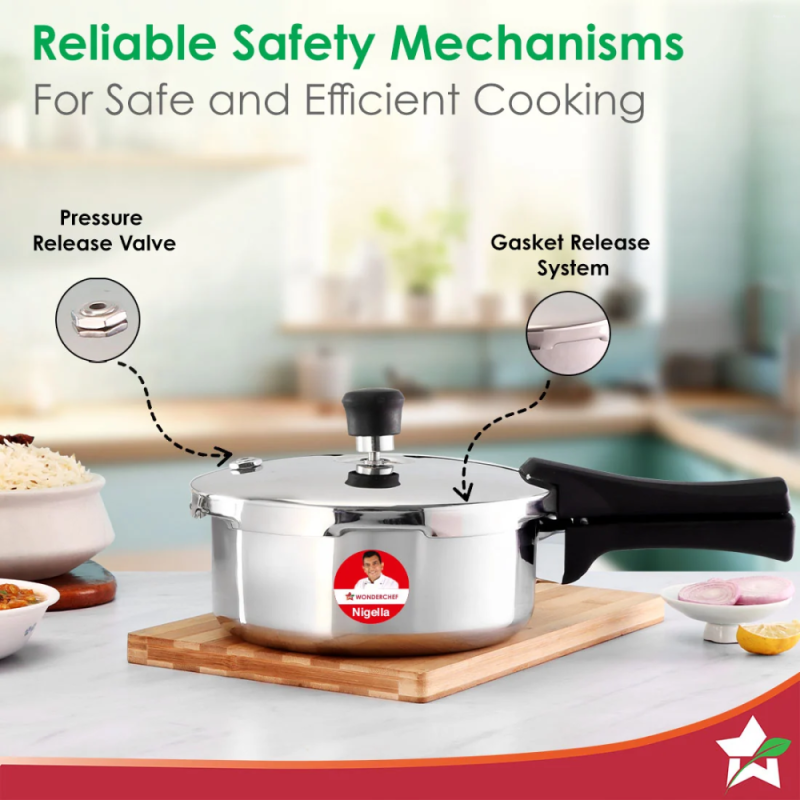 Wonderchef Nigella Tri-Ply 2L Outer Lid Pressure Cooker, 18/10 Stainless Steel, Induction & Gas Compatible, ISI Certified