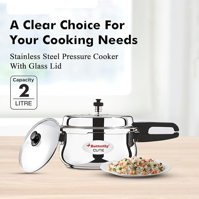 Butterfly Cute 2 Litre Stainless Steel Pressure Cooker with Glass Lid, Induction Base & Triple Safety