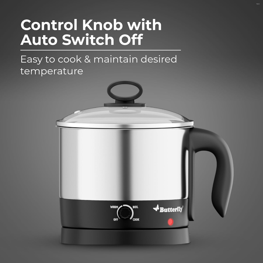 Butterfly Matchless 1.2 Litre 600W Stainless Steel Multi Kettle with Egg Rack, SS Rack, Auto Cut-Off & Dry-Boil Protection