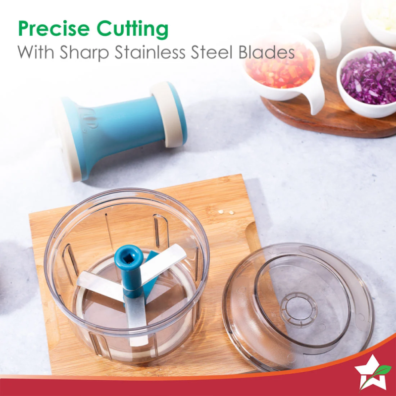 Wonderchef Glory Push Chopper 800ml, 3 Stainless Steel Blades, Anti-Slip Silicone Base, Blue