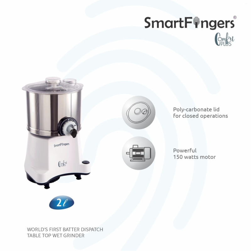 SmartFingers 2 L Comfort Plus 110V Wet Grinder for USA, 150W Motor, Hands-Free Batter Dispenser