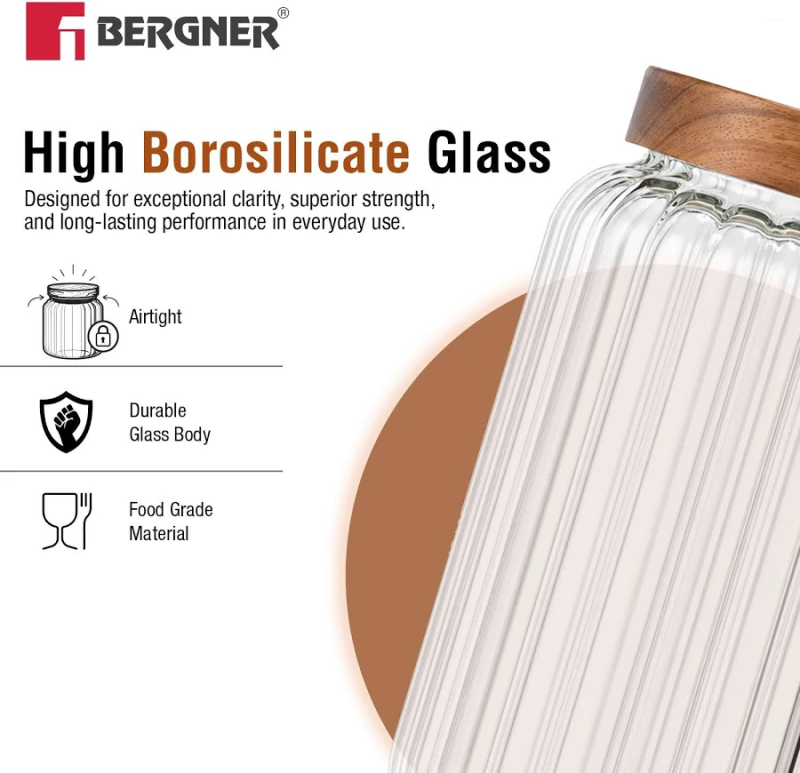 Bergner Acadia Acadia Striped Glass Jar 2.6L Borosilicate Glass, Acacia Wood Lid BG-20550-MM