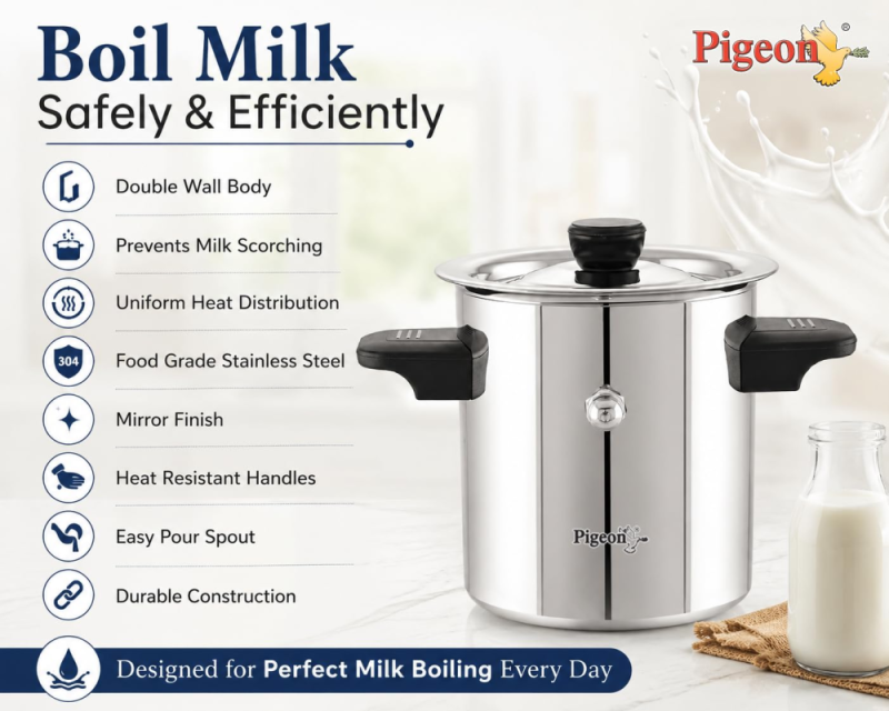 Pigeon Elegant 2 Litre Stainless Steel Milk Boiler with Induction Base, Whistle & Cool-Touch Bakelite Handles