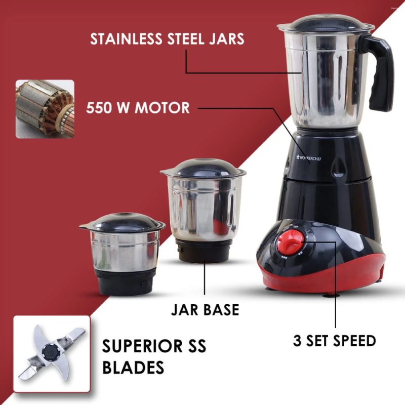 Wonderchef Capri 550W Mixer Grinder with 3 Stainless Steel Jars, Copper Motor, Stainless Steel Blades & Overload Protection