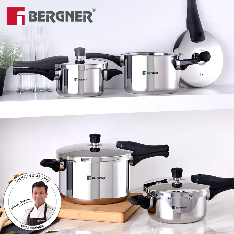 Bergner Argent Elements Elements SS Pressure Pan 3.5L Tri-Ply Stainless Steel, Induction Ready BGD-9704-MM