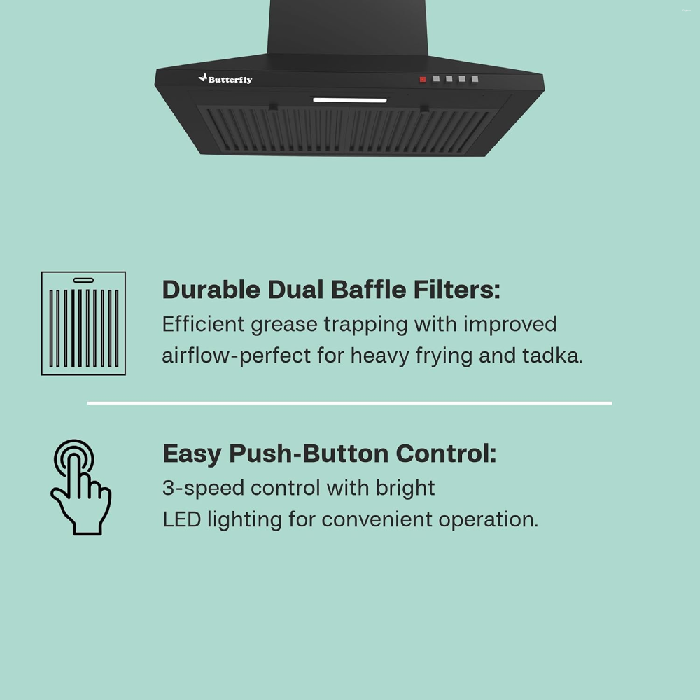 Butterfly CH 601 60 cm Conical Kitchen Chimney with 1000 m³/hr Suction, Dual Baffle Filter & 3-Speed Control