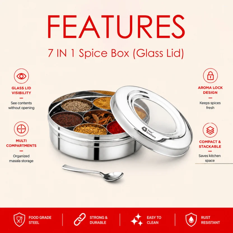 Four Brothers SS Spice Box 7 in 1 See Through Lid Small 4BSB-S
