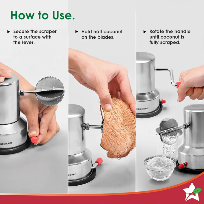 Wonderchef Stainless Steel Coconut Scraper, Vacuum Base, Rotatable Handle & Manual Operation