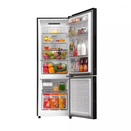 Haier 237 L 2 Star Frost Free Bottom Mount Refrigerator with Black Glass Finish, Toughened Glass Shelves & Turbo Icing HRB-2872EKGA-P
