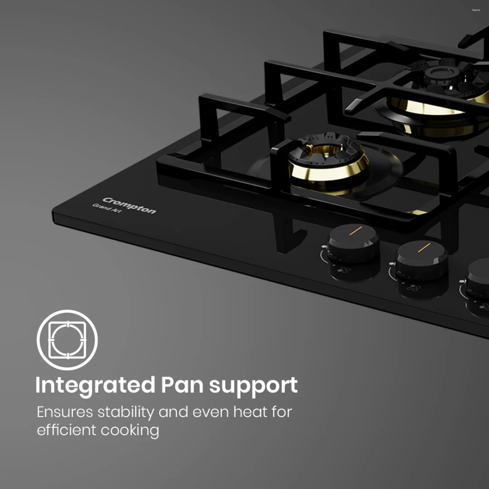 Crompton GrandArt 80cm 4 Burner Built-in Gas Hob with Full Brass 3D Burners & Flame Failure Safety (HOB-GAFB804-MBL)
