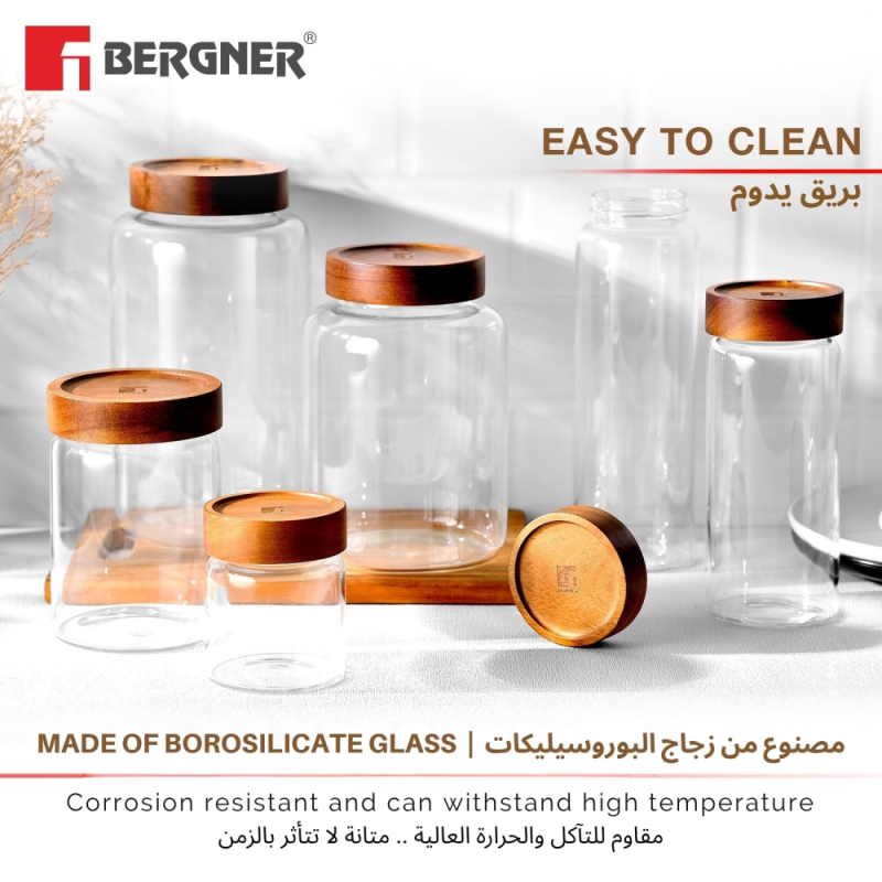 Bergner Acadia Jar 8X8X24.8cm, 990ml Borosilicate Glass, Acacia Wood Lid BG-20517-MM