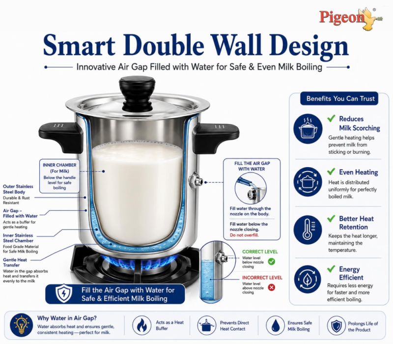 Pigeon Elegant 2 Litre Stainless Steel Milk Boiler with Induction Base, Whistle & Cool-Touch Bakelite Handles