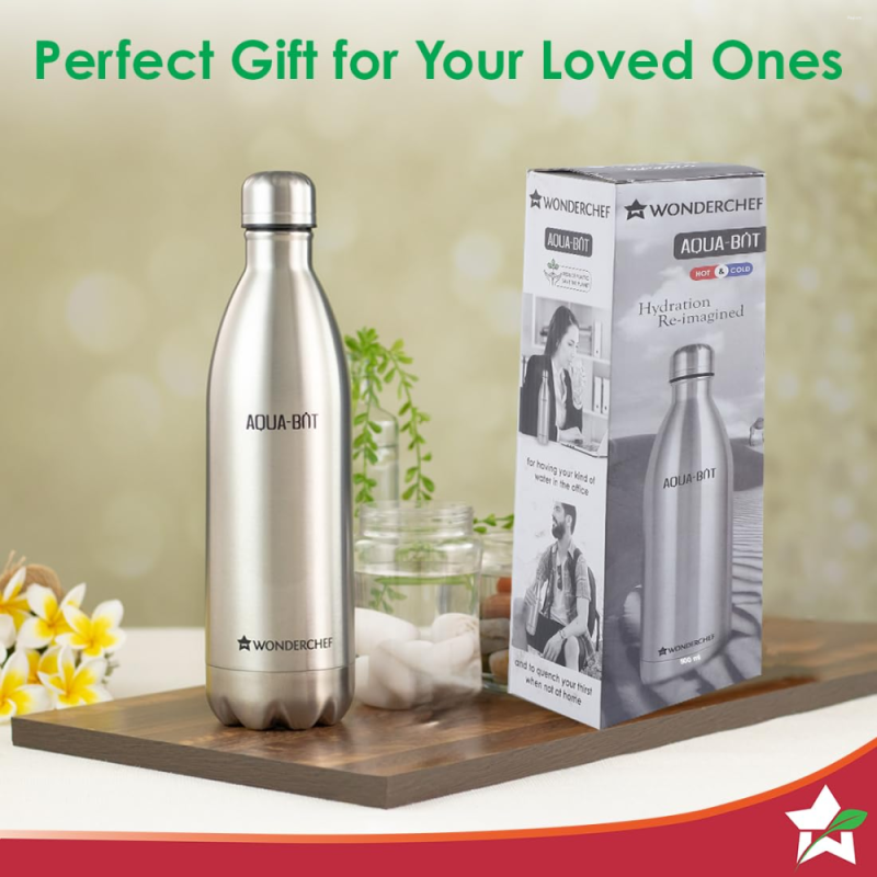 Wonderchef Aqua-Bot 500ml Double Wall Stainless Steel Vacuum Insulated Hot & Cold Flask, Spill & Leak Proof, Silver