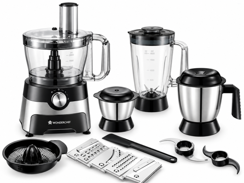 Wonderchef Regal 1000W 4-Jar 9-in-1 Food Processor with 3.5 L Bowl, Kneading, Chopping, Slicing, Shredding & Citrus Juicer