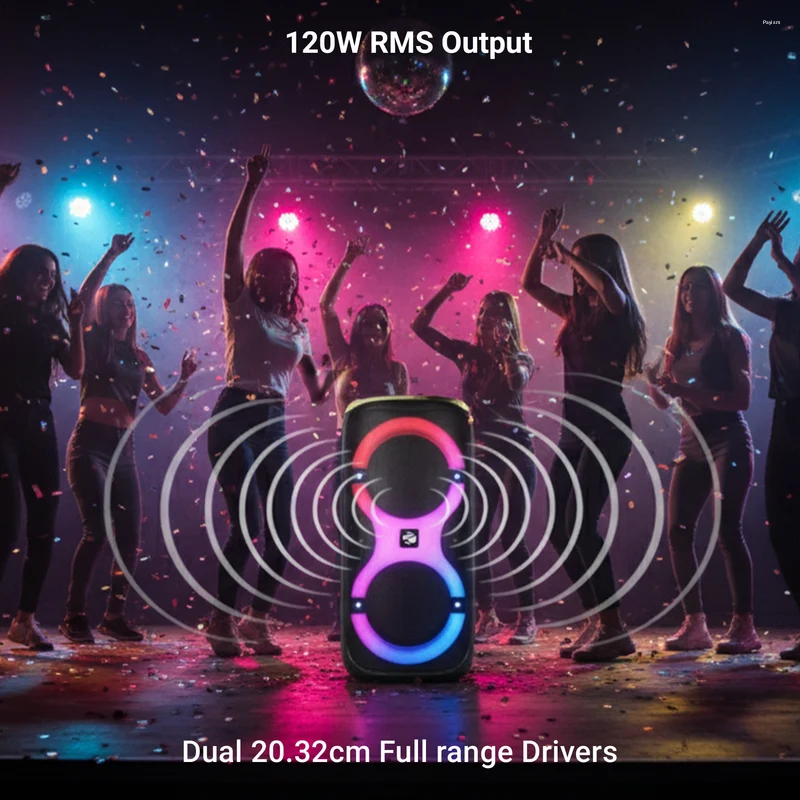 Zebronics ZEB-Thump 802 120W RMS DJ Speaker with Dual Wireless Mics, RGB Lights, Bluetooth 5.3, USB, AUX, FM, TWS & Remote