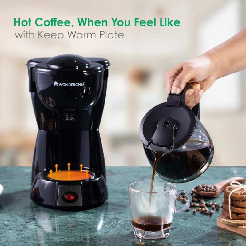 Wonderchef Onyx Brew 600W 750ml Drip Coffee Maker, 6 Cups, Borosilicate Glass Carafe, Hot Plate & Anti-Drip