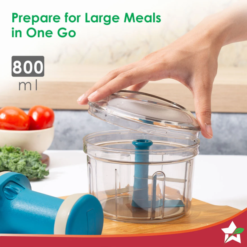 Wonderchef Glory Push Chopper 800ml, 3 Stainless Steel Blades, Anti-Slip Silicone Base, Blue