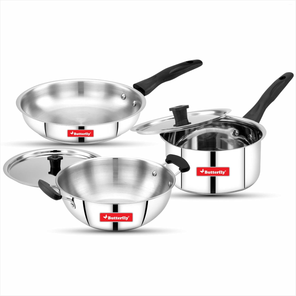 Butterfly Classic 5-Piece Stainless Steel Cookware Set with 22 cm Fry Pan, 22 cm Kadai & 16 cm Saucepan, Induction Base