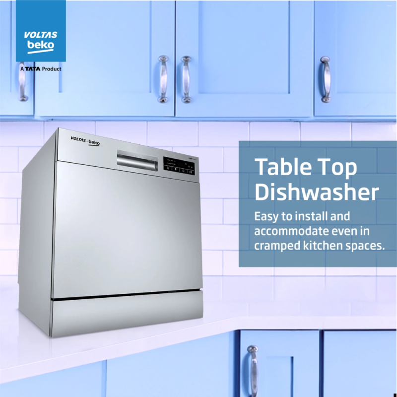 Voltas Beko DT8S 8 Place Settings Table Top Dishwasher with Inbuilt Heater, 6 Wash Programs, 8 L Water Consumption, Silver