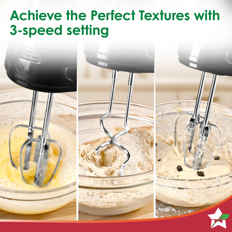 Wonderchef Essenza 300W 3-Speed Electric Hand Mixer, Stainless Steel Beaters & Dough Hooks, Low Noise