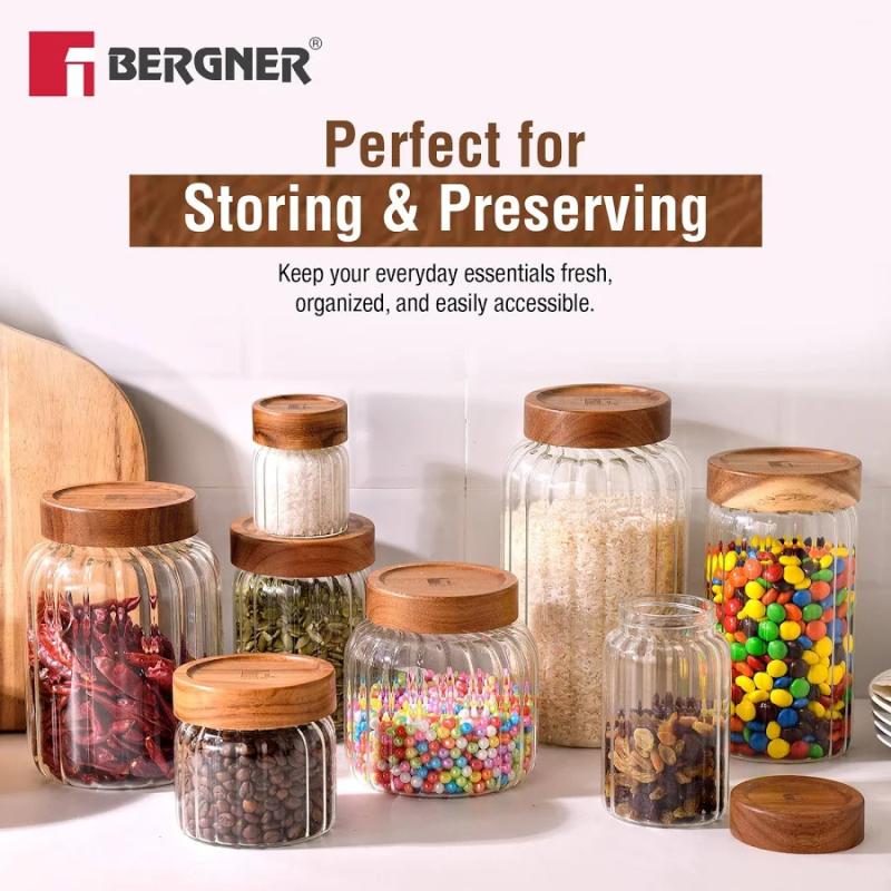 Bergner Acadia Acadia Striped Glass Jar 2.6L Borosilicate Glass, Acacia Wood Lid BG-20550-MM