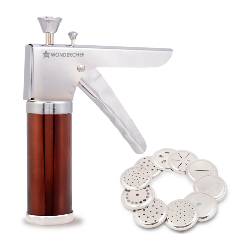 Wonderchef Snacks Maker with 12 Jalis, Stainless Steel Manual Press for Sev, Bhujiya, Chakli, Murukku & Papdi