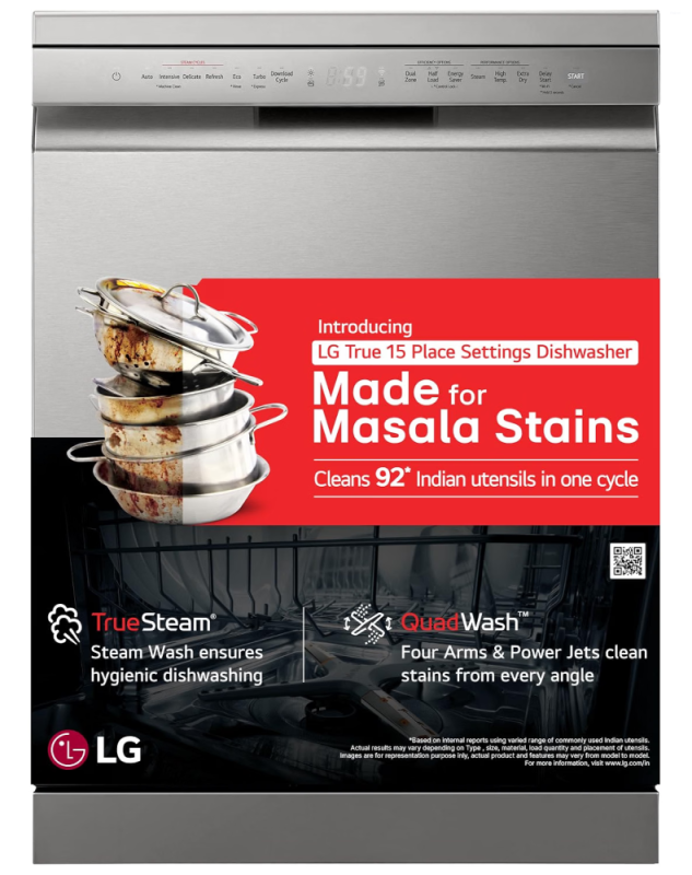 LG 15 Place Settings Freestanding Dishwasher with TrueSteam, QuadWash, Inverter Direct Drive, Wi-Fi & Auto Open Door, DFB435FV, Prime Silver + FREE Bajaj Majesty DX4 1000W Dry Iron