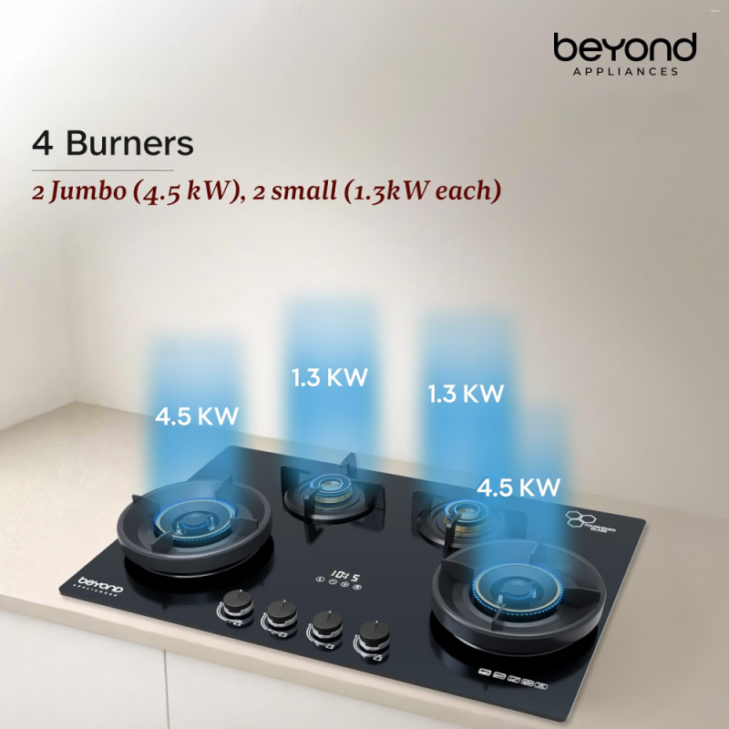 Beyond by BeyondNXT Zyra BAHO-ZR4BL-KE-003 4 Burner Gas Cooktop with Toughened Glass & Brass Burners