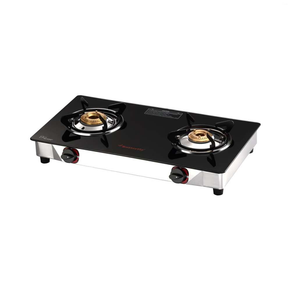Butterfly Duo 2B 2 Burner Glass Top Gas Stove with Brass Burners, Toughened Glass & ABS Knobs