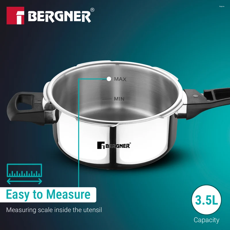 Bergner Argent Elements Elements SS Pressure Pan 3.5L Tri-Ply Stainless Steel, Induction Ready BGD-9704-MM