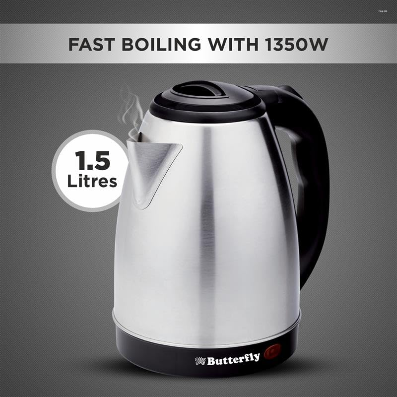 Butterfly Evo Pro 1.5 Litre 1350W Stainless Steel Electric Kettle with Auto Shut-Off, 360° Swivel Base & Cool-Touch Handle