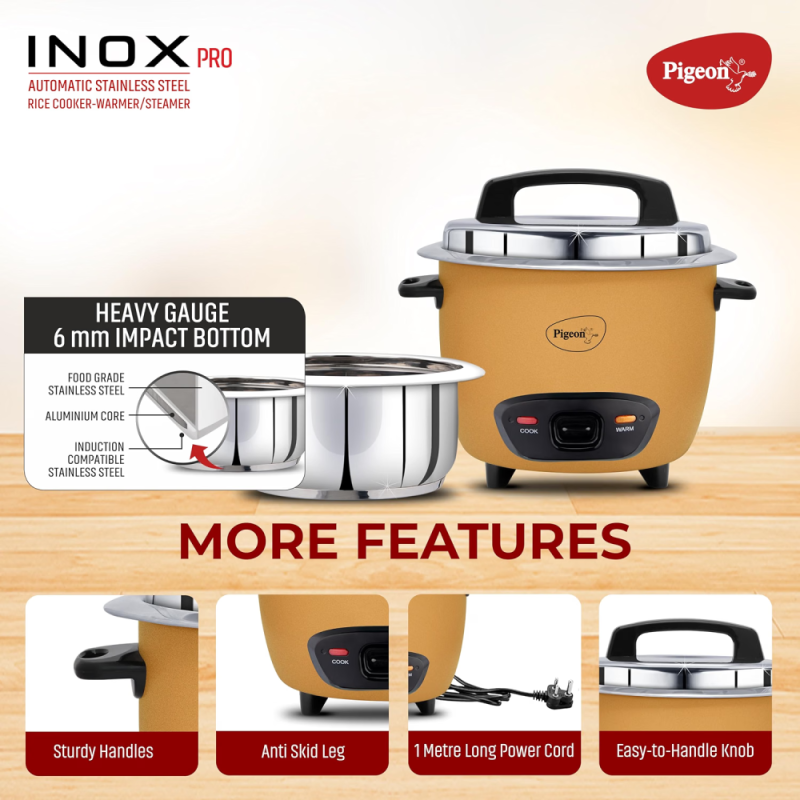 Pigeon Inox Pro 1.8L Electric Rice Cooker with Stainless Steel Single Pot, Cook & Keep-Warm Function, 700W, Yellow