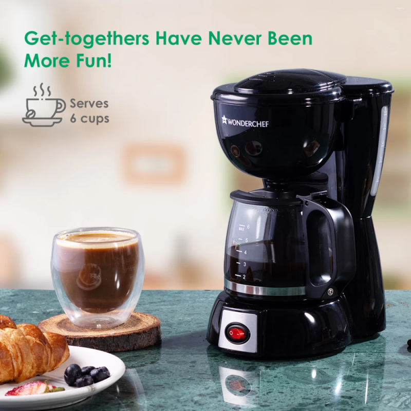 Wonderchef Onyx Brew 600W 750ml Drip Coffee Maker, 6 Cups, Borosilicate Glass Carafe, Hot Plate & Anti-Drip