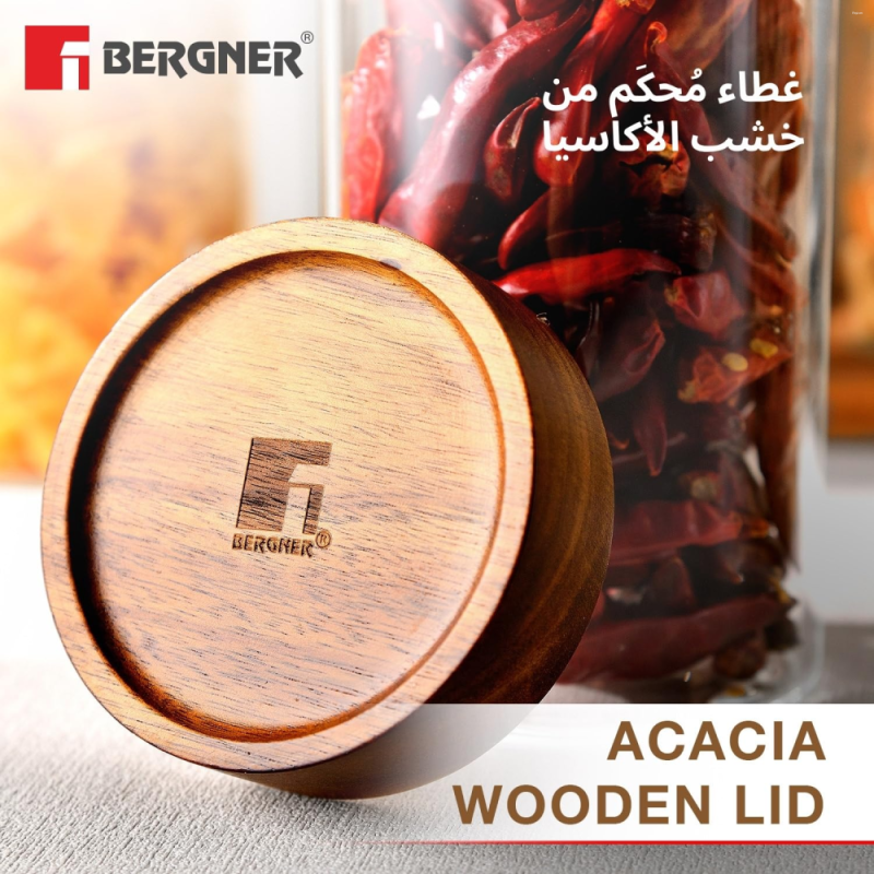 Bergner Acadia Jar 8X8X24.8cm, 990ml Borosilicate Glass, Acacia Wood Lid BG-20517-MM