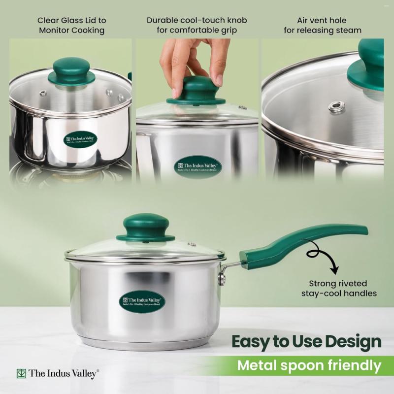 The Indus Valley 1.5L Saucepan Tri-Ply Stainless Steel, Glass Lid KC-TP-SP-005