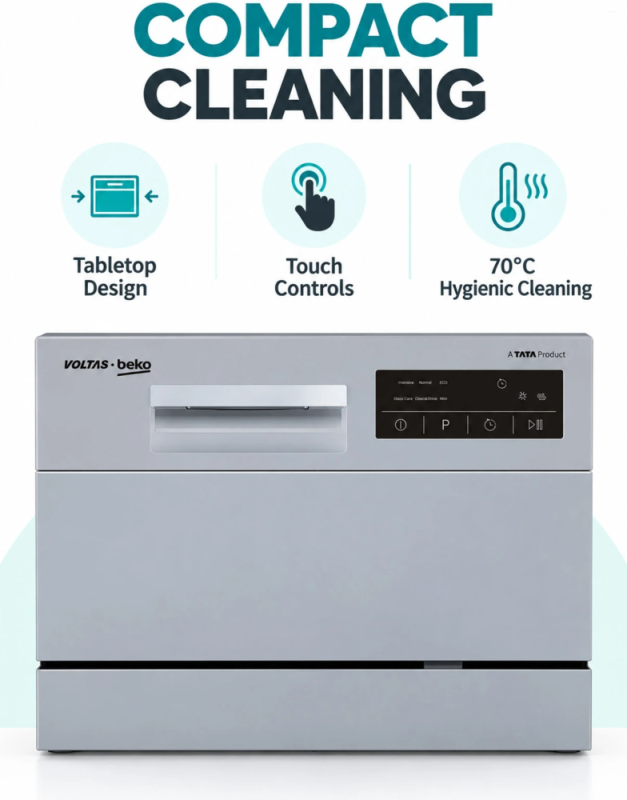Voltas Beko DT8S 8 Place Settings Table Top Dishwasher with Inbuilt Heater, 6 Wash Programs, 8 L Water Consumption, Silver