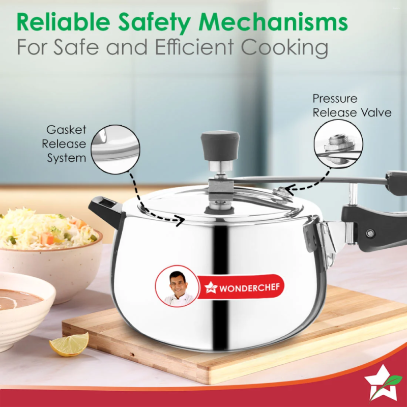 Wonderchef Nigella Tri-Ply 5L Inner Lid Pressure Cooker, 18/10 Stainless Steel, Contour Shape, Induction & Gas Compatible