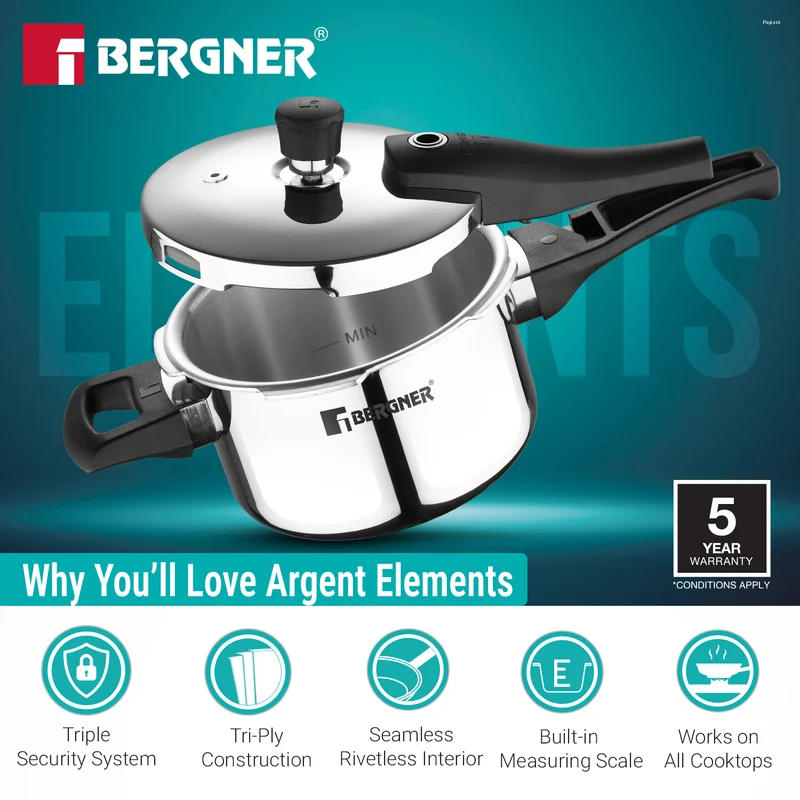 Bergner Argent Elements Elements SS Pressure Cooker 1.5L Tri-Ply Stainless Steel, Induction Ready BGD-9700-MM