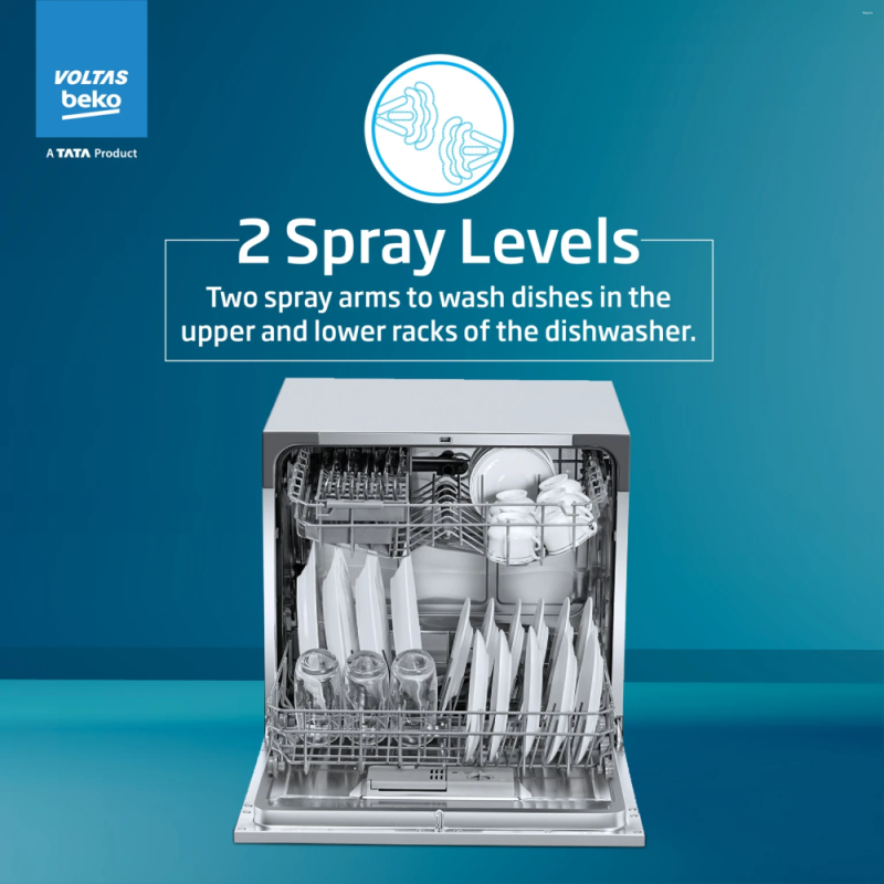 Voltas Beko DT8S 8 Place Settings Table Top Dishwasher with Inbuilt Heater, 6 Wash Programs, 8 L Water Consumption, Silver