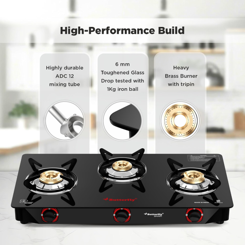 Butterfly Trio 3B 3 Burner Glass Top Gas Stove with Brass Burners, Toughened Glass & ABS Knobs