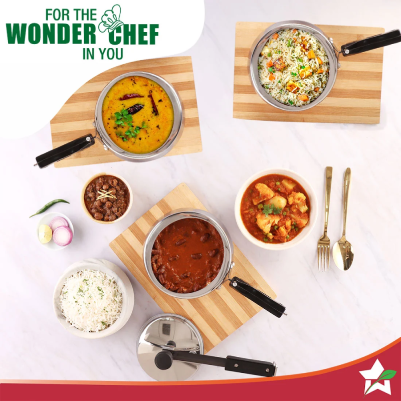 Wonderchef Nigella Tri-Ply 2L Inner Lid Pressure Cooker, 18/10 Stainless Steel, Contour Shape, Induction & Gas Compatible