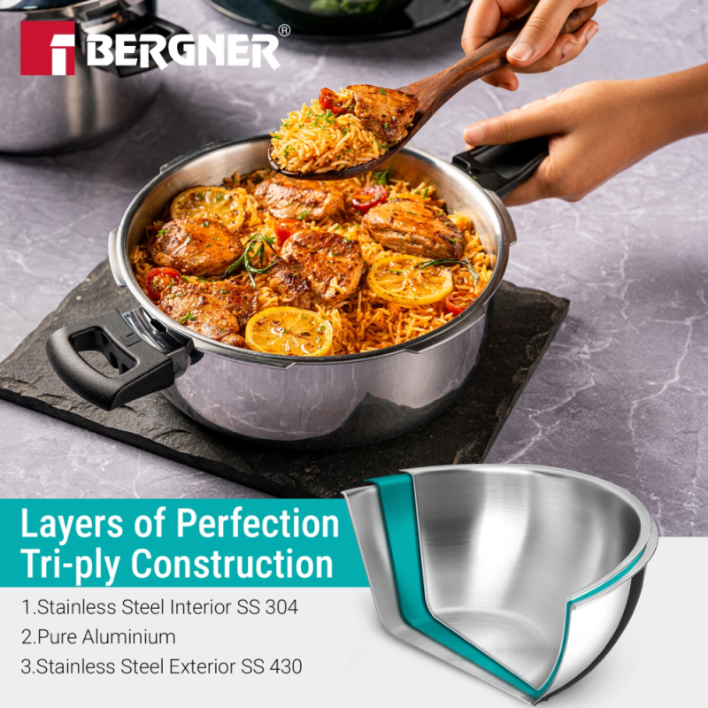 Bergner Argent Classic Pressure Pan Triply 5.0L Tri-Ply Stainless Steel, Induction Ready BGIN-9718