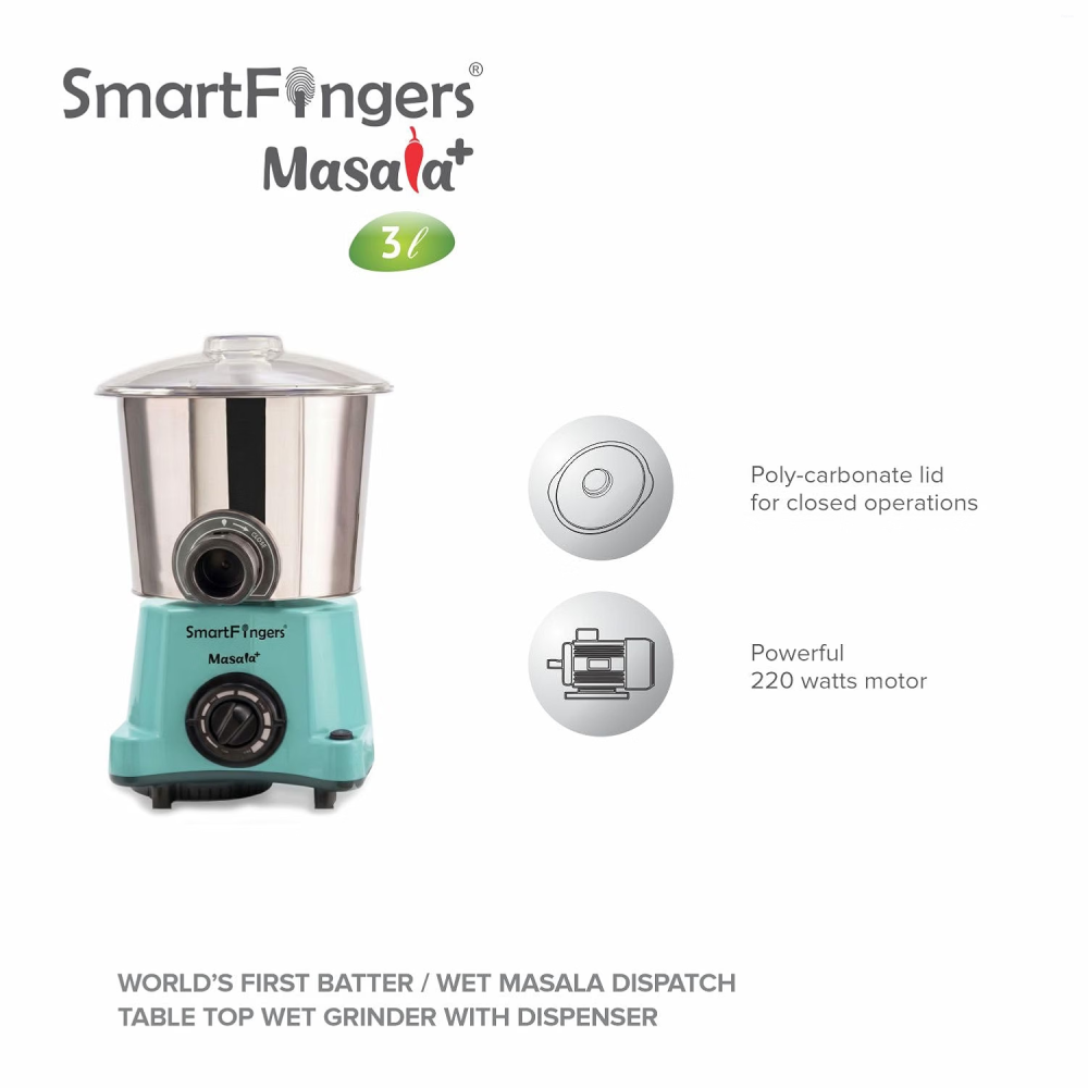 SmartFingers 3 L Masala Plus Wet Grinder, Wet Masala & Batter Dispenser, Stainless Steel Drum