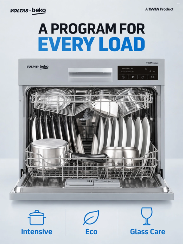 Voltas Beko DT8S 8 Place Settings Table Top Dishwasher with Inbuilt Heater, 6 Wash Programs, 8 L Water Consumption, Silver