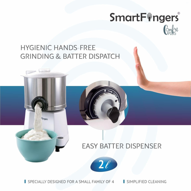 SmartFingers 2 L Comfort Plus Wet Grinder with Atta Kneader Attachment, 150W Motor, Hands-Free Batter Dispenser