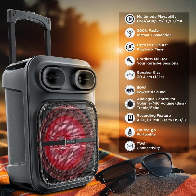 Intex Thriller 600 (S) 60W Trolley Speaker with 12-Inch Subwoofer, RGB LED, Bluetooth, USB, AUX, FM, TF & Wireless Karaoke Mic – Black