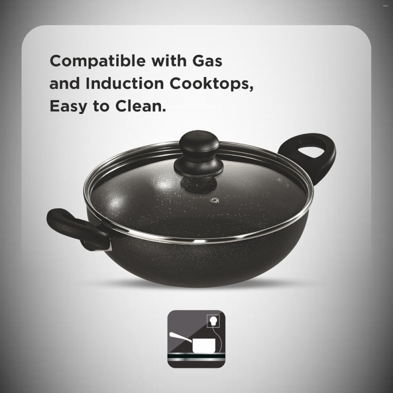 Butterfly Granza 280 mm 2.4 Litre Aluminium Non-Stick Kadai with Glass Lid, 5-Layer Teflon Infinity Granite Coating & Induction Base