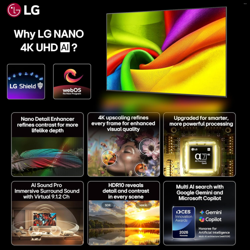 LG 43 Inches NANO 4K Ultra HD AI Smart TV with α7 AI Processor 4K Gen9, HDR10 Pro & 4K Super Upscaling 43NU870BPLA